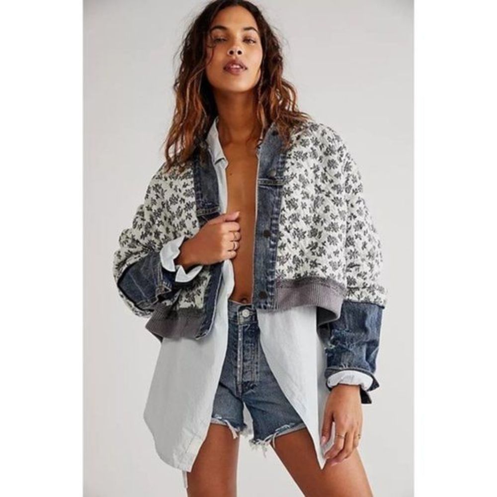 Free People Cropped Denim & Floral Print Jacket in Blue and White